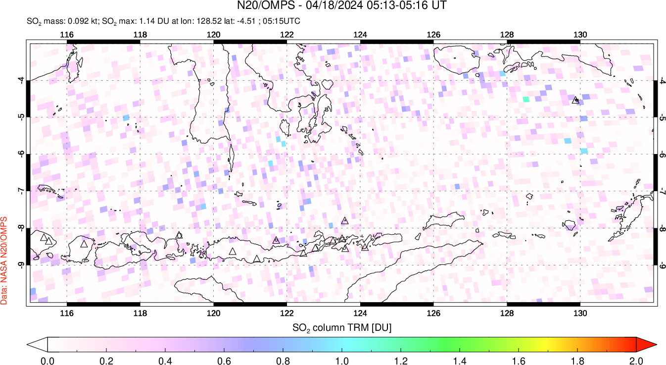 A sulfur dioxide image over Lesser Sunda Islands, Indonesia on Apr 18, 2024.