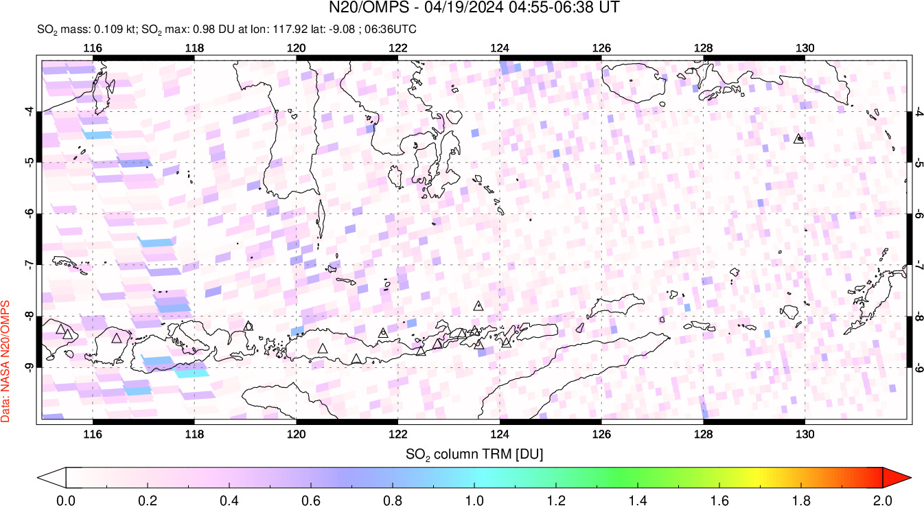 A sulfur dioxide image over Lesser Sunda Islands, Indonesia on Apr 19, 2024.