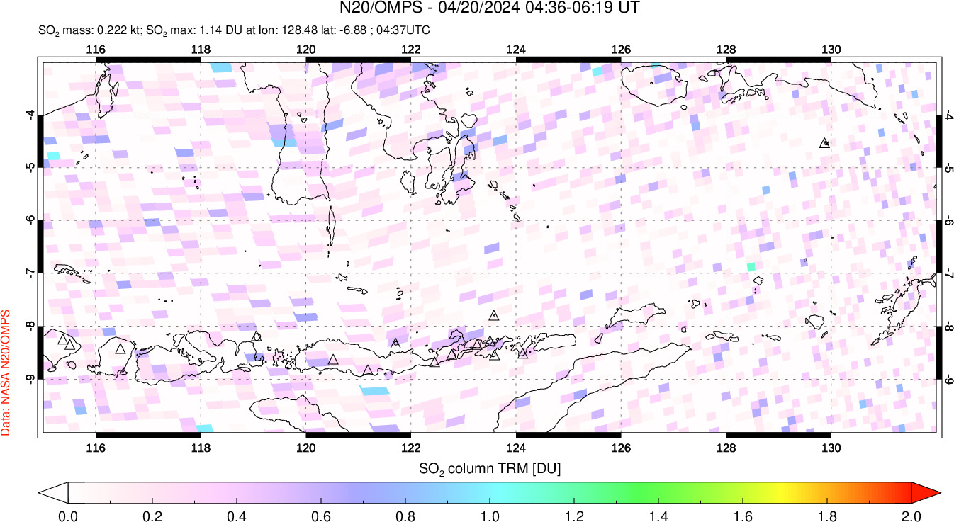 A sulfur dioxide image over Lesser Sunda Islands, Indonesia on Apr 20, 2024.