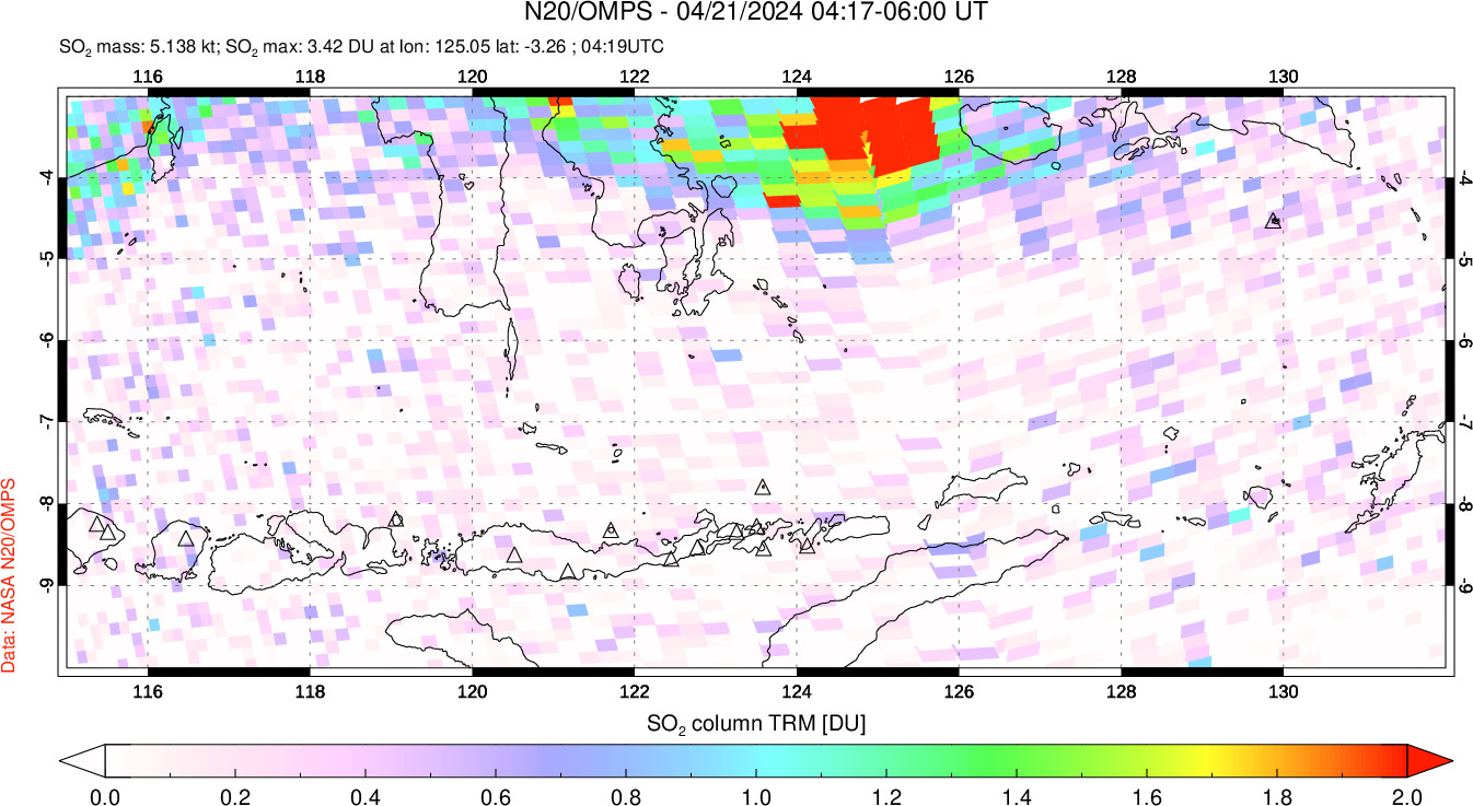 A sulfur dioxide image over Lesser Sunda Islands, Indonesia on Apr 21, 2024.