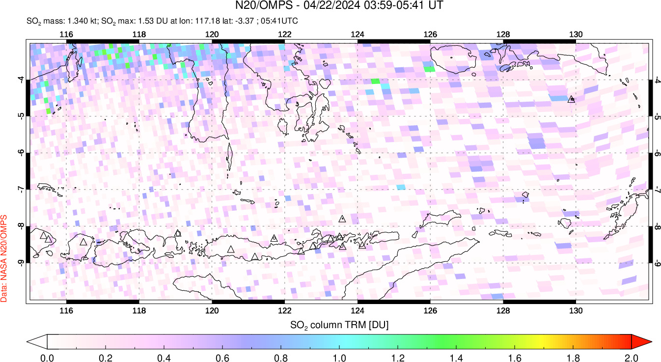 A sulfur dioxide image over Lesser Sunda Islands, Indonesia on Apr 22, 2024.