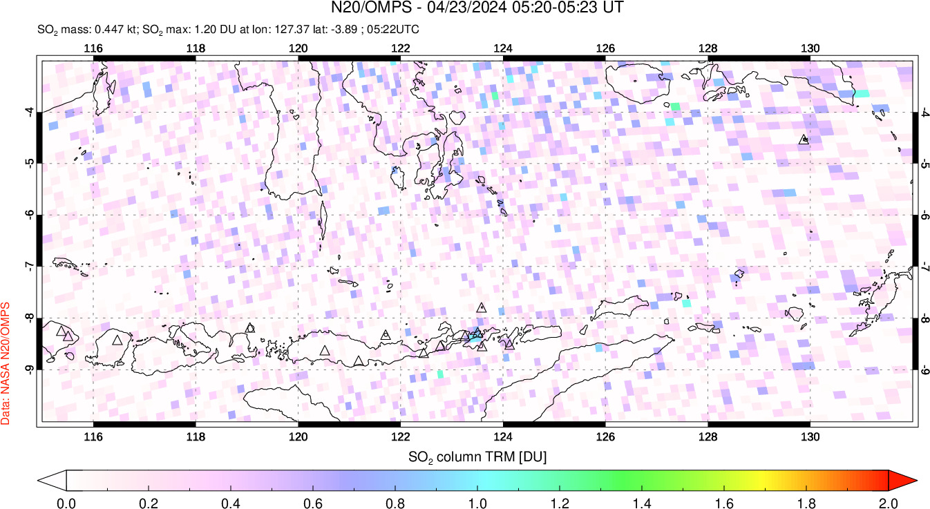 A sulfur dioxide image over Lesser Sunda Islands, Indonesia on Apr 23, 2024.