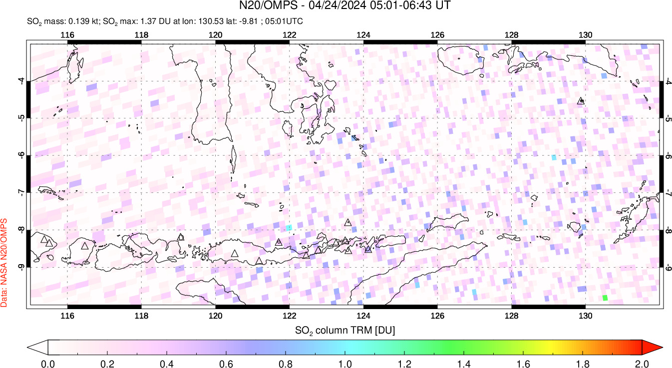 A sulfur dioxide image over Lesser Sunda Islands, Indonesia on Apr 24, 2024.