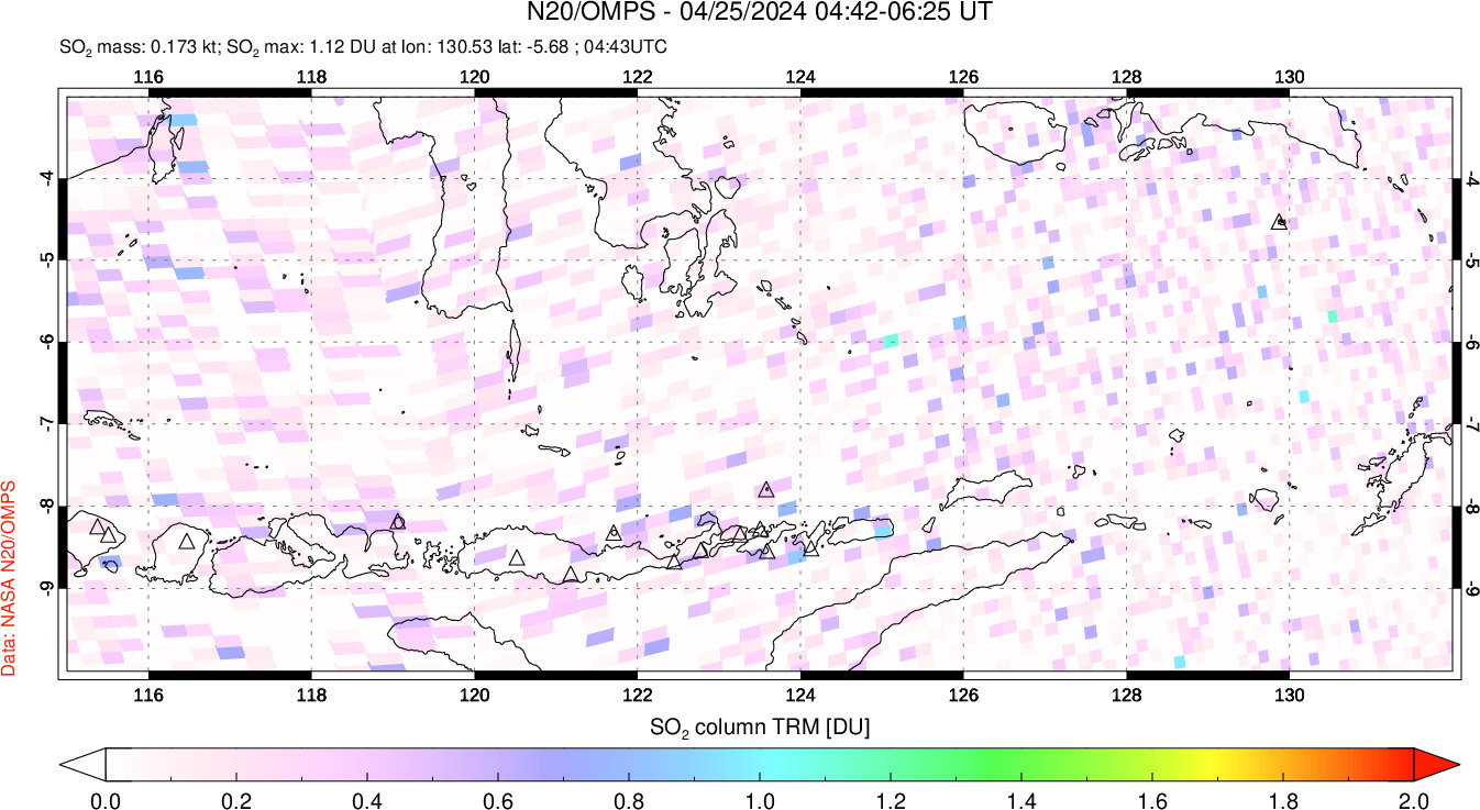 A sulfur dioxide image over Lesser Sunda Islands, Indonesia on Apr 25, 2024.