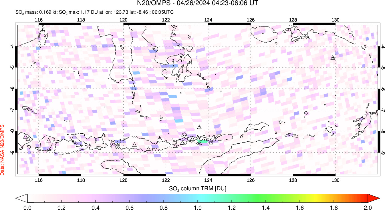 A sulfur dioxide image over Lesser Sunda Islands, Indonesia on Apr 26, 2024.