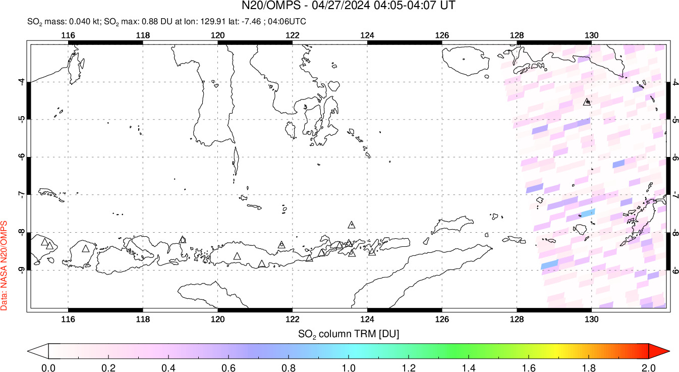 A sulfur dioxide image over Lesser Sunda Islands, Indonesia on Apr 27, 2024.