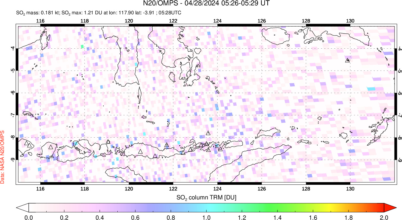 A sulfur dioxide image over Lesser Sunda Islands, Indonesia on Apr 28, 2024.