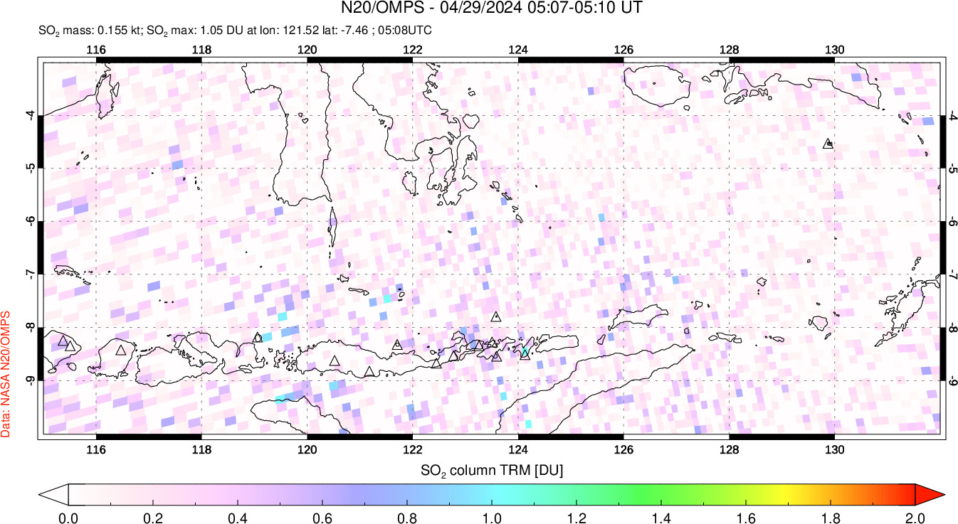 A sulfur dioxide image over Lesser Sunda Islands, Indonesia on Apr 29, 2024.