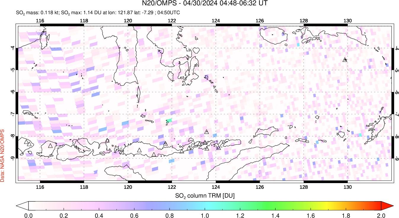 A sulfur dioxide image over Lesser Sunda Islands, Indonesia on Apr 30, 2024.