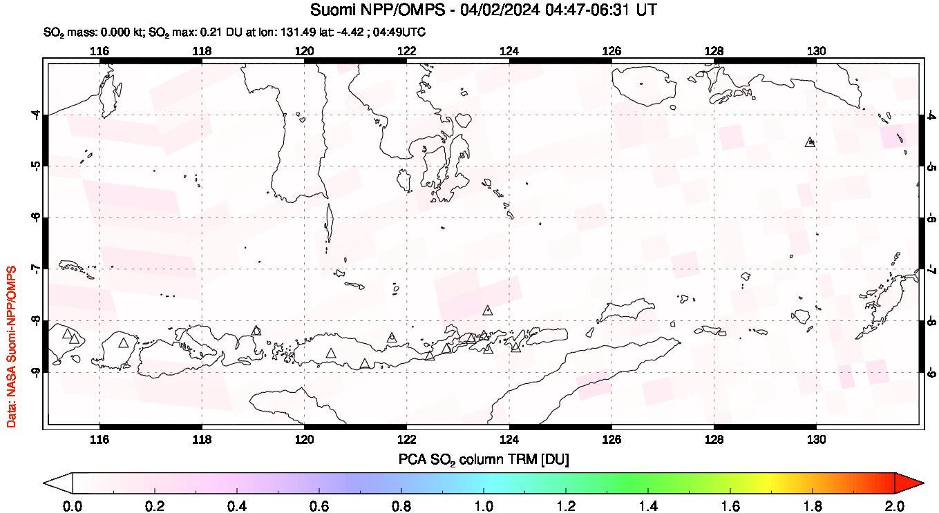 A sulfur dioxide image over Lesser Sunda Islands, Indonesia on Apr 02, 2024.