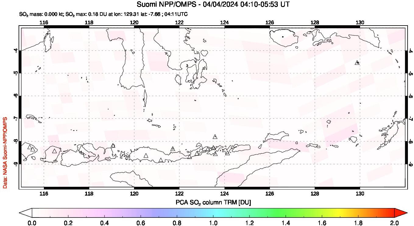 A sulfur dioxide image over Lesser Sunda Islands, Indonesia on Apr 04, 2024.