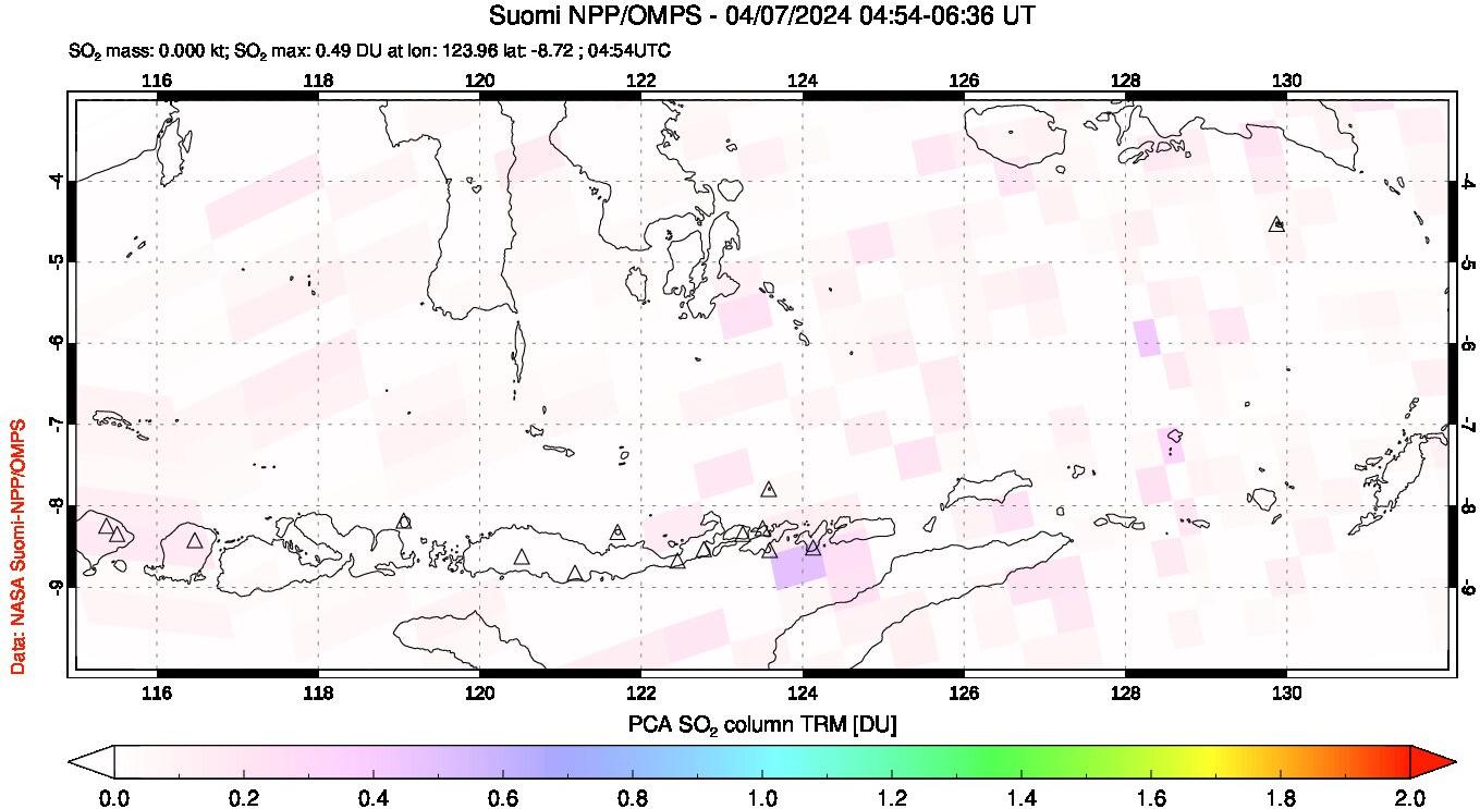 A sulfur dioxide image over Lesser Sunda Islands, Indonesia on Apr 07, 2024.