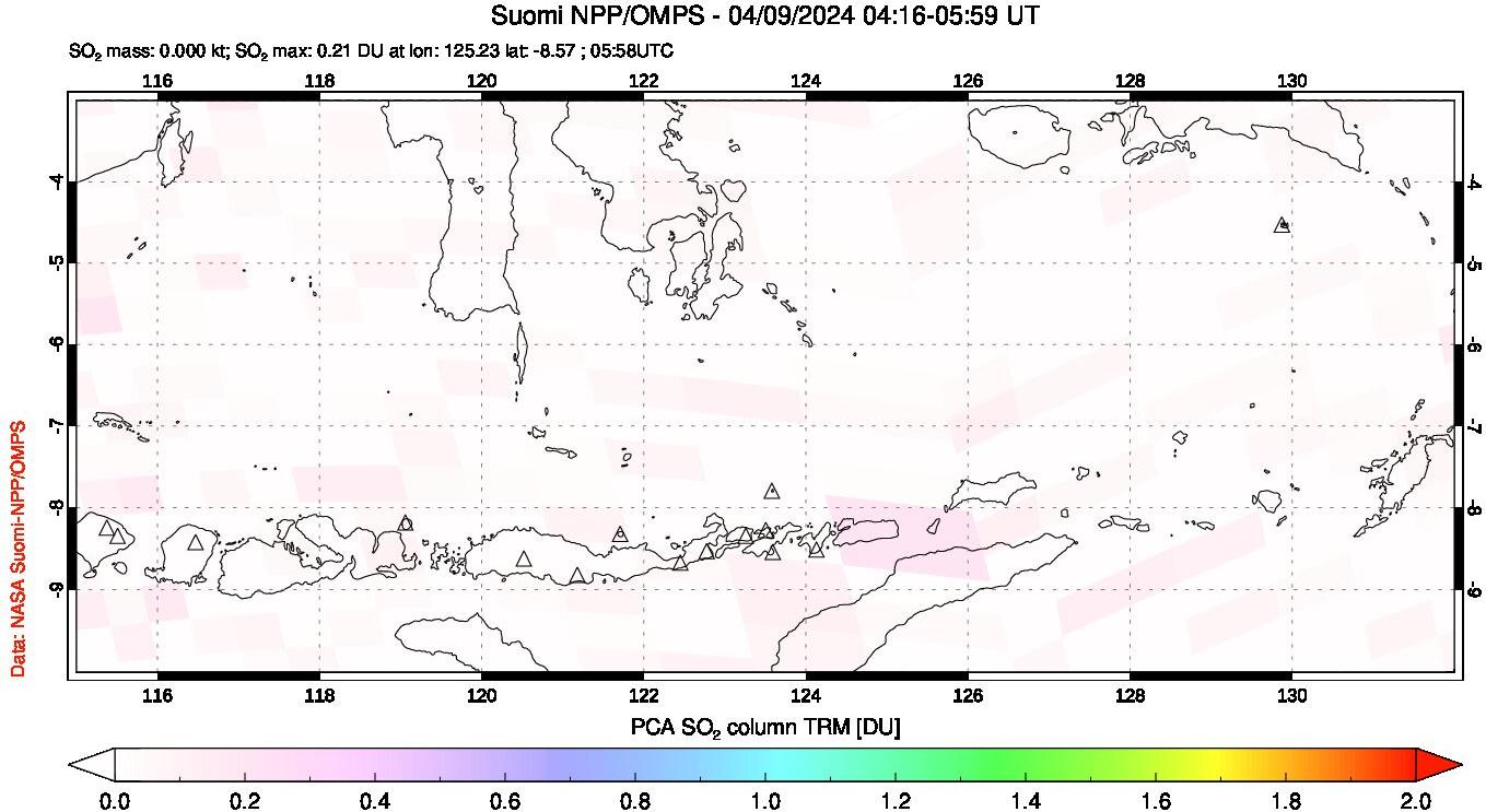 A sulfur dioxide image over Lesser Sunda Islands, Indonesia on Apr 09, 2024.