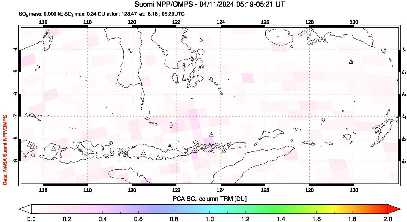 A sulfur dioxide image over Lesser Sunda Islands, Indonesia on Apr 11, 2024.