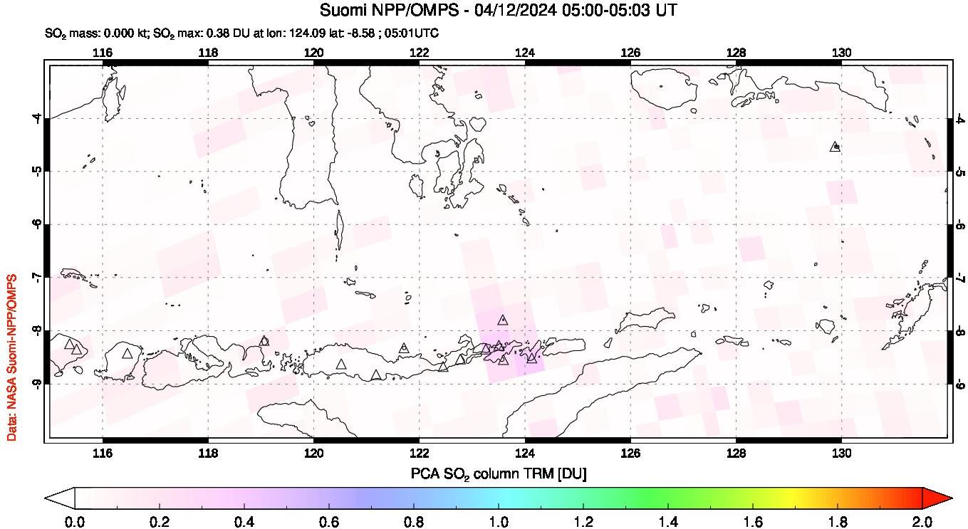 A sulfur dioxide image over Lesser Sunda Islands, Indonesia on Apr 12, 2024.