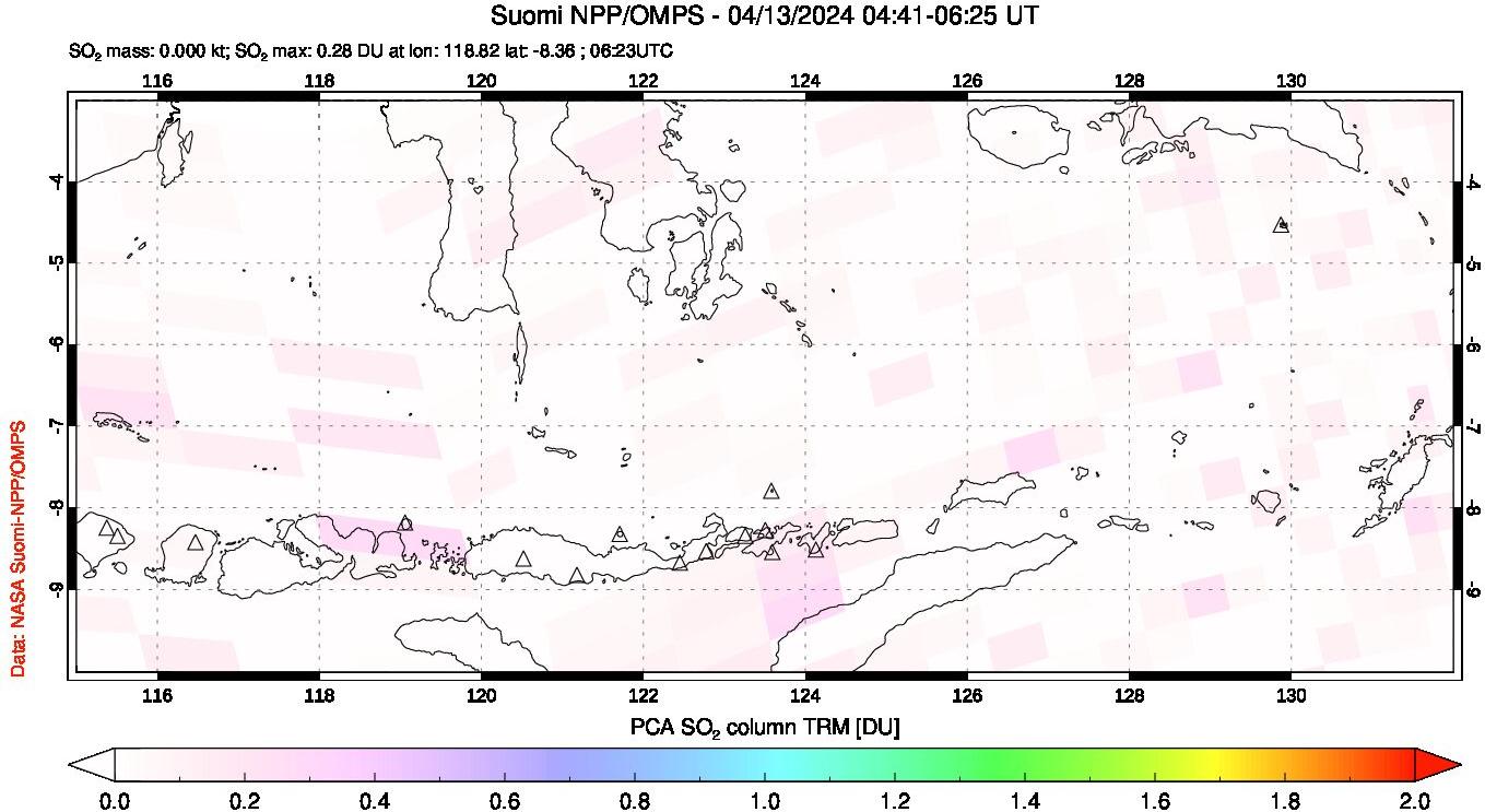 A sulfur dioxide image over Lesser Sunda Islands, Indonesia on Apr 13, 2024.