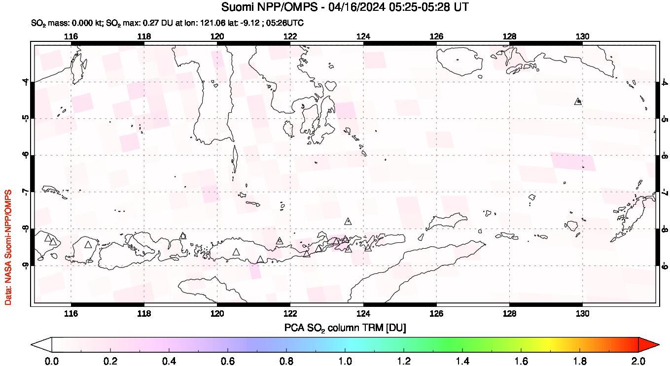 A sulfur dioxide image over Lesser Sunda Islands, Indonesia on Apr 16, 2024.