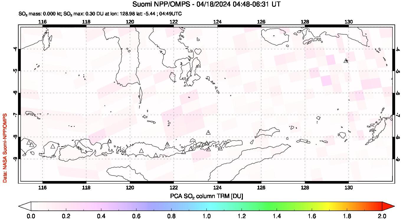 A sulfur dioxide image over Lesser Sunda Islands, Indonesia on Apr 18, 2024.