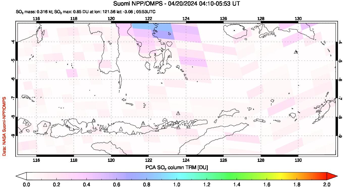 A sulfur dioxide image over Lesser Sunda Islands, Indonesia on Apr 20, 2024.