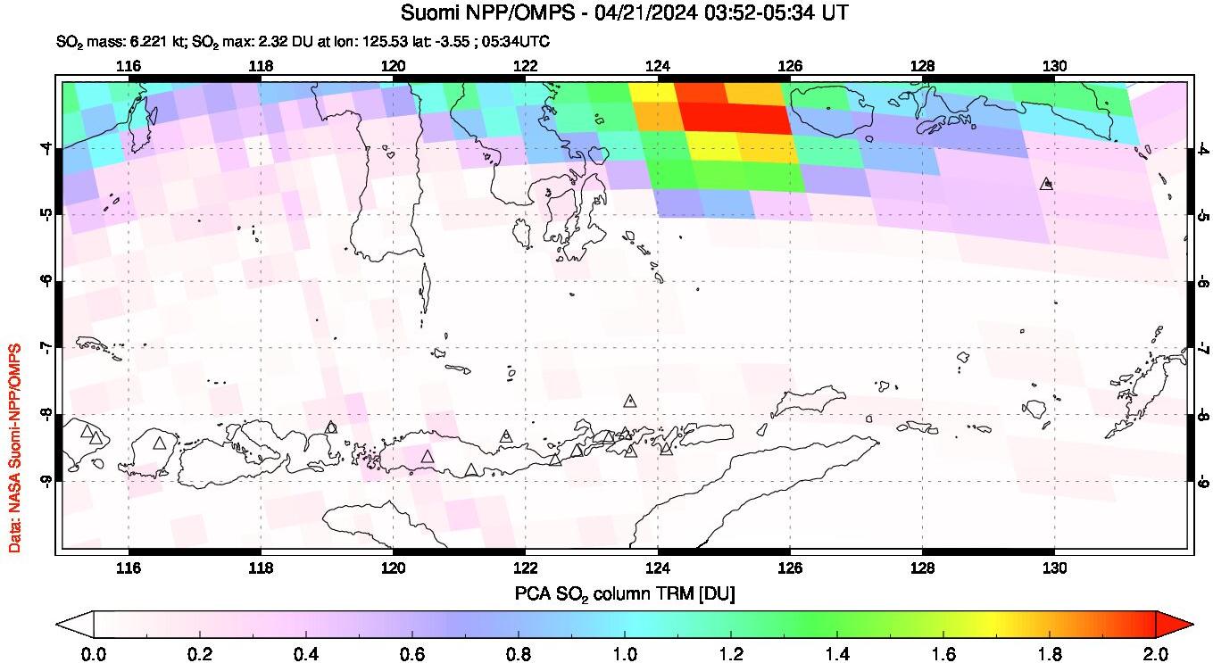 A sulfur dioxide image over Lesser Sunda Islands, Indonesia on Apr 21, 2024.