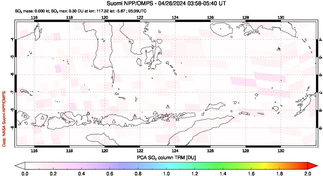 A sulfur dioxide image over Lesser Sunda Islands, Indonesia on Apr 26, 2024.