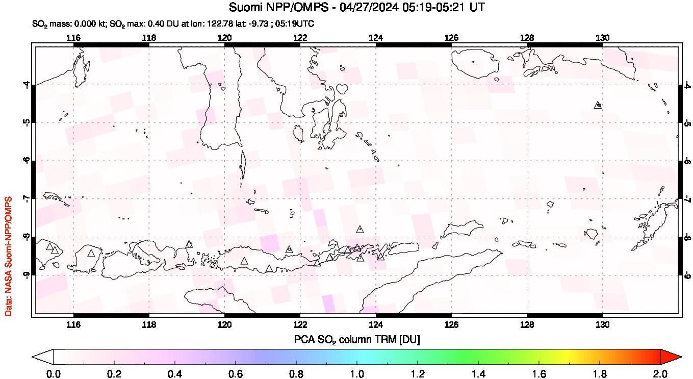 A sulfur dioxide image over Lesser Sunda Islands, Indonesia on Apr 27, 2024.