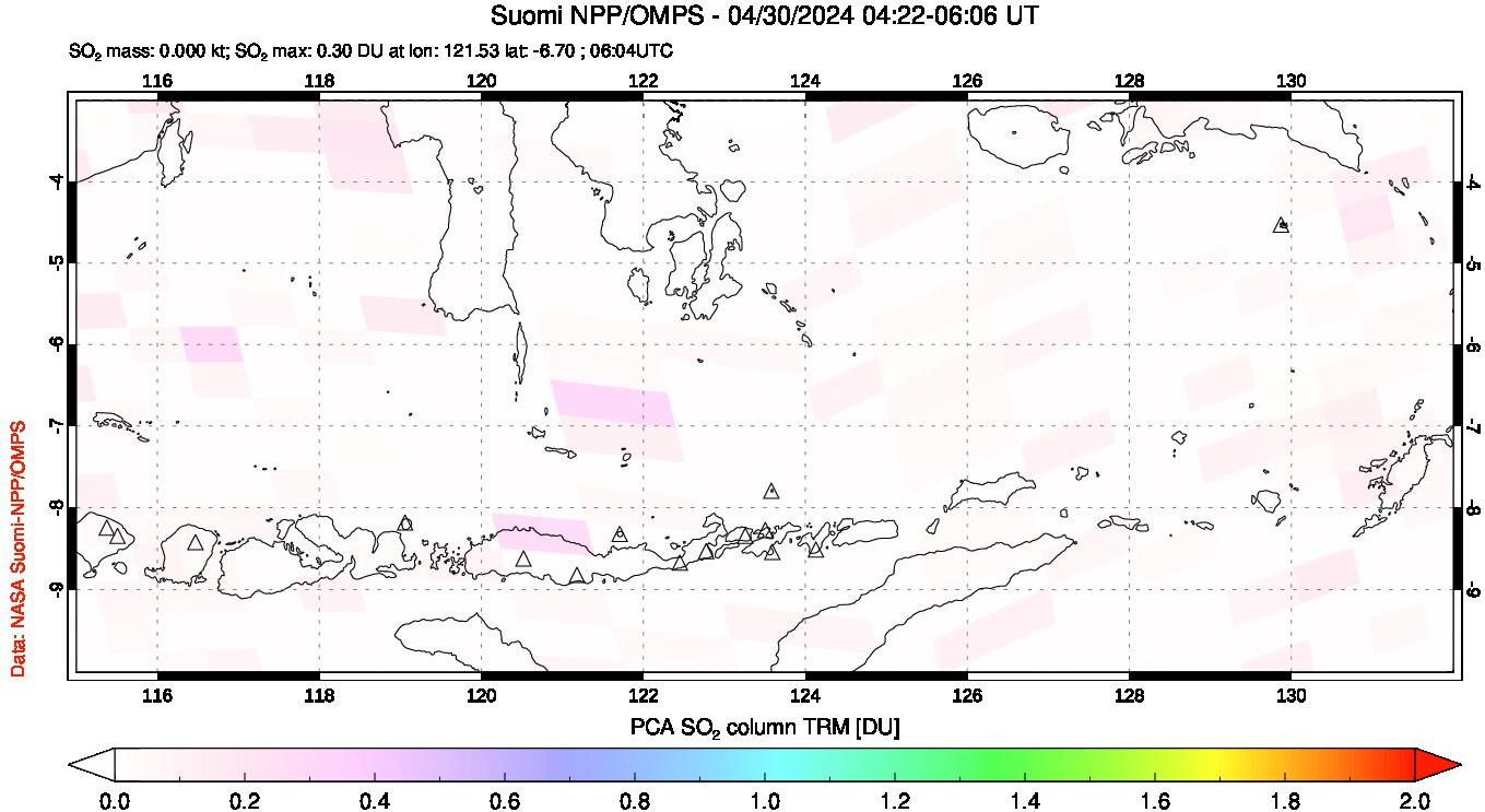 A sulfur dioxide image over Lesser Sunda Islands, Indonesia on Apr 30, 2024.