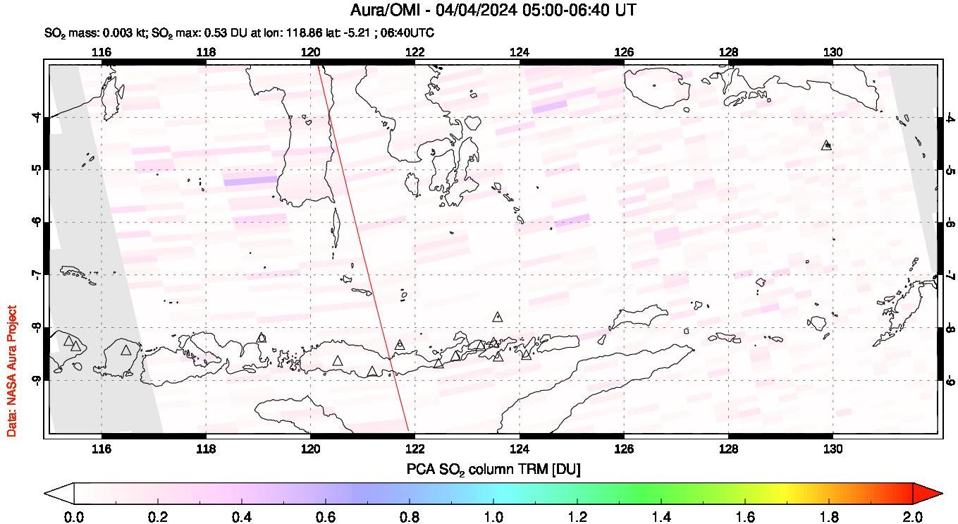 A sulfur dioxide image over Lesser Sunda Islands, Indonesia on Apr 04, 2024.