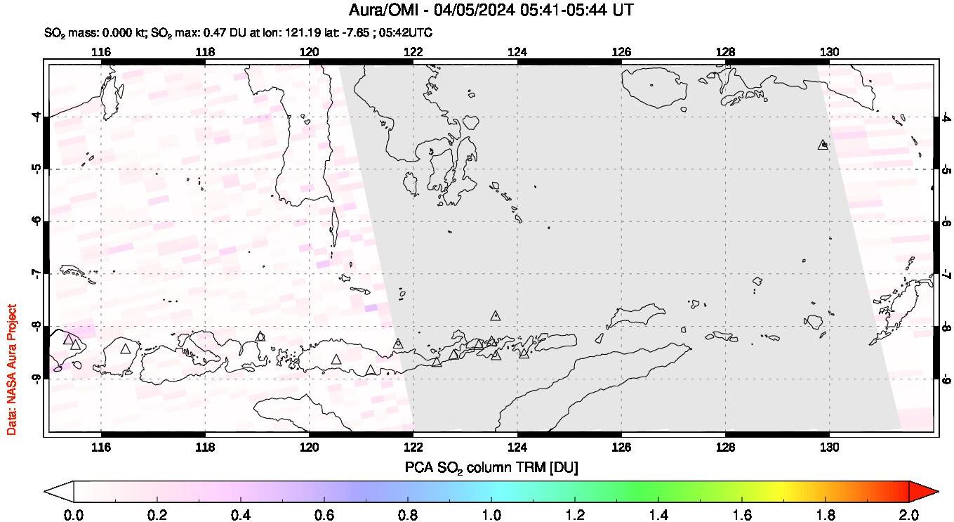 A sulfur dioxide image over Lesser Sunda Islands, Indonesia on Apr 05, 2024.