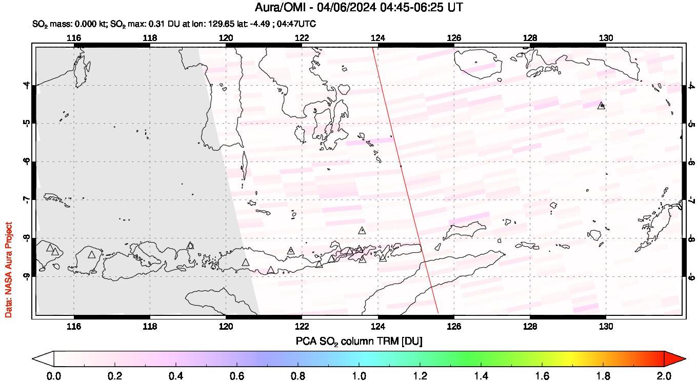 A sulfur dioxide image over Lesser Sunda Islands, Indonesia on Apr 06, 2024.