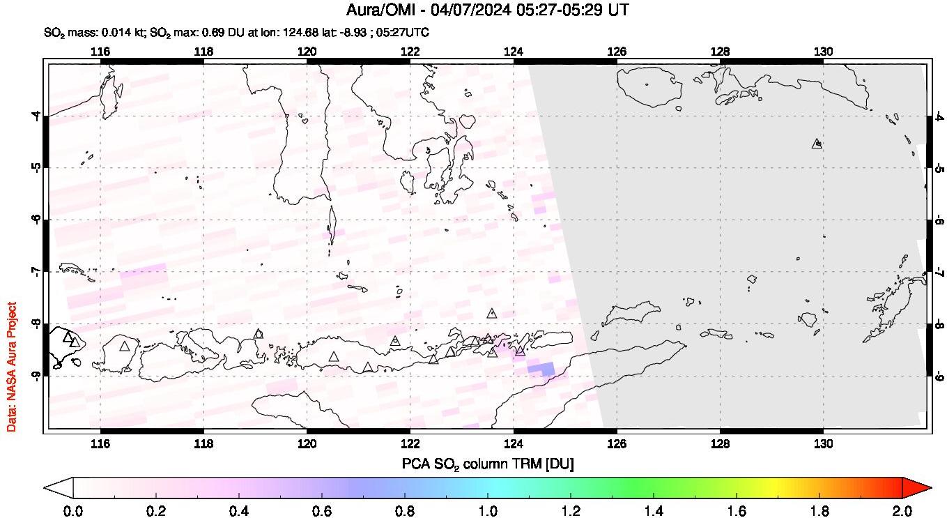 A sulfur dioxide image over Lesser Sunda Islands, Indonesia on Apr 07, 2024.