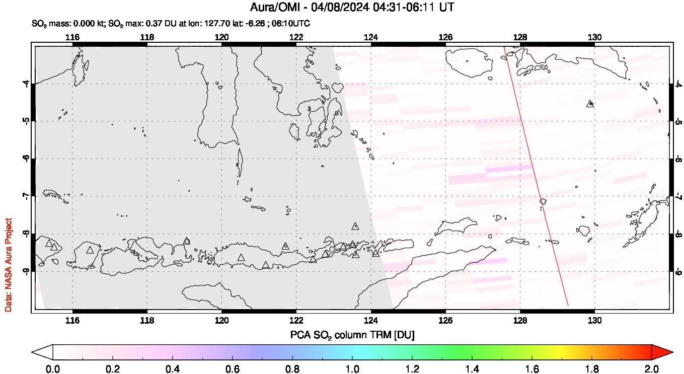 A sulfur dioxide image over Lesser Sunda Islands, Indonesia on Apr 08, 2024.