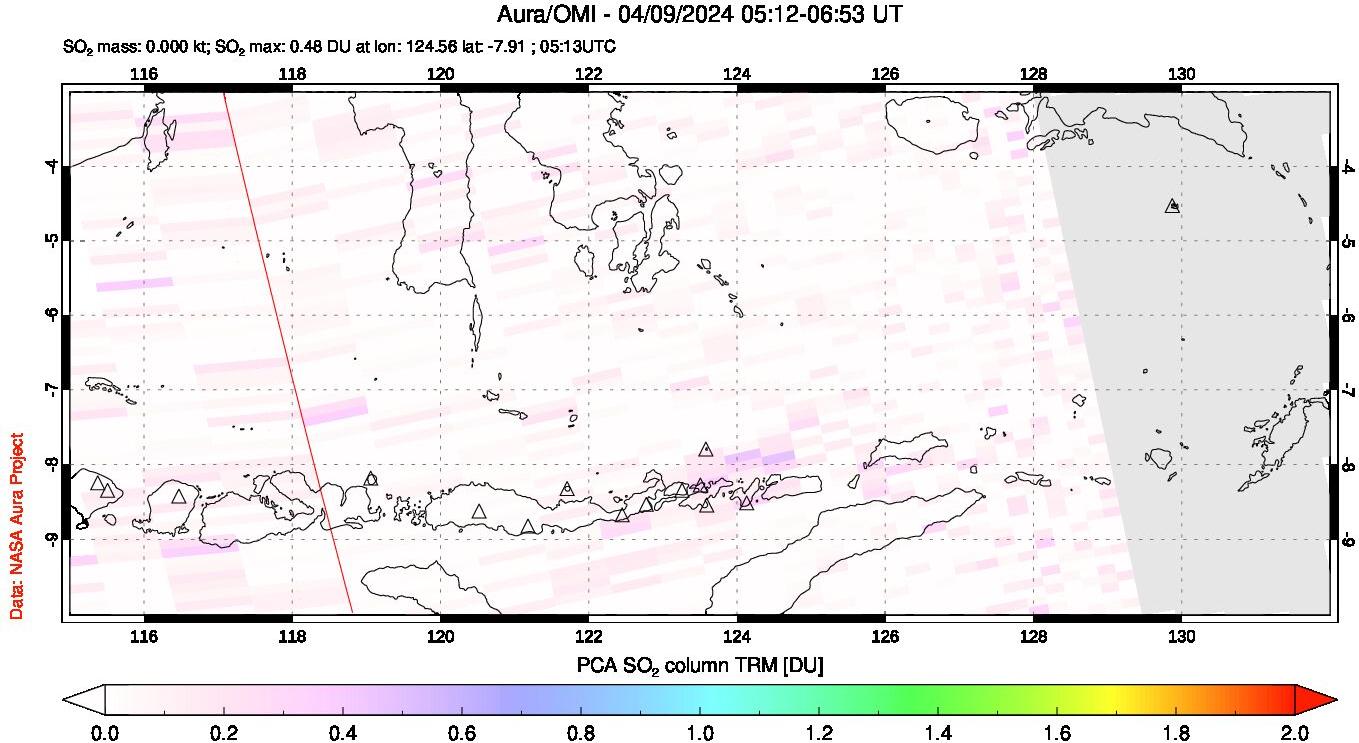 A sulfur dioxide image over Lesser Sunda Islands, Indonesia on Apr 09, 2024.