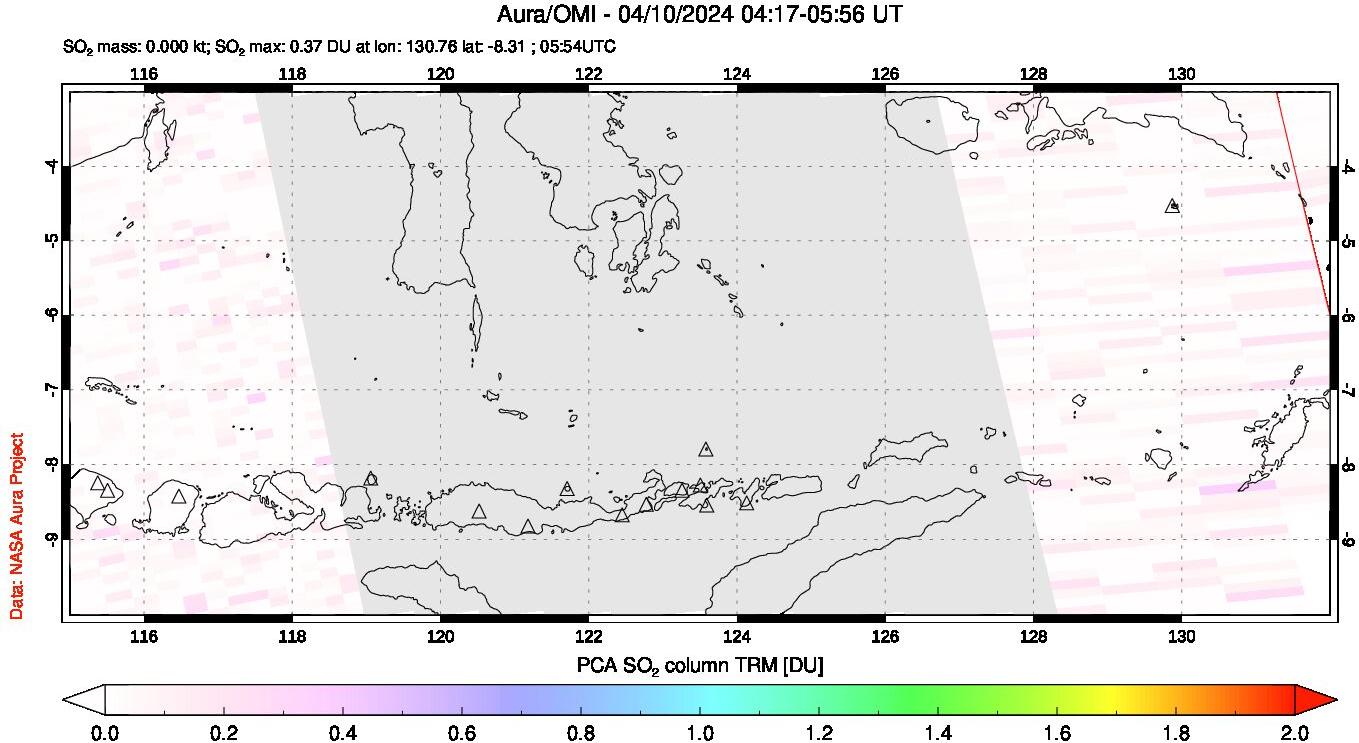 A sulfur dioxide image over Lesser Sunda Islands, Indonesia on Apr 10, 2024.