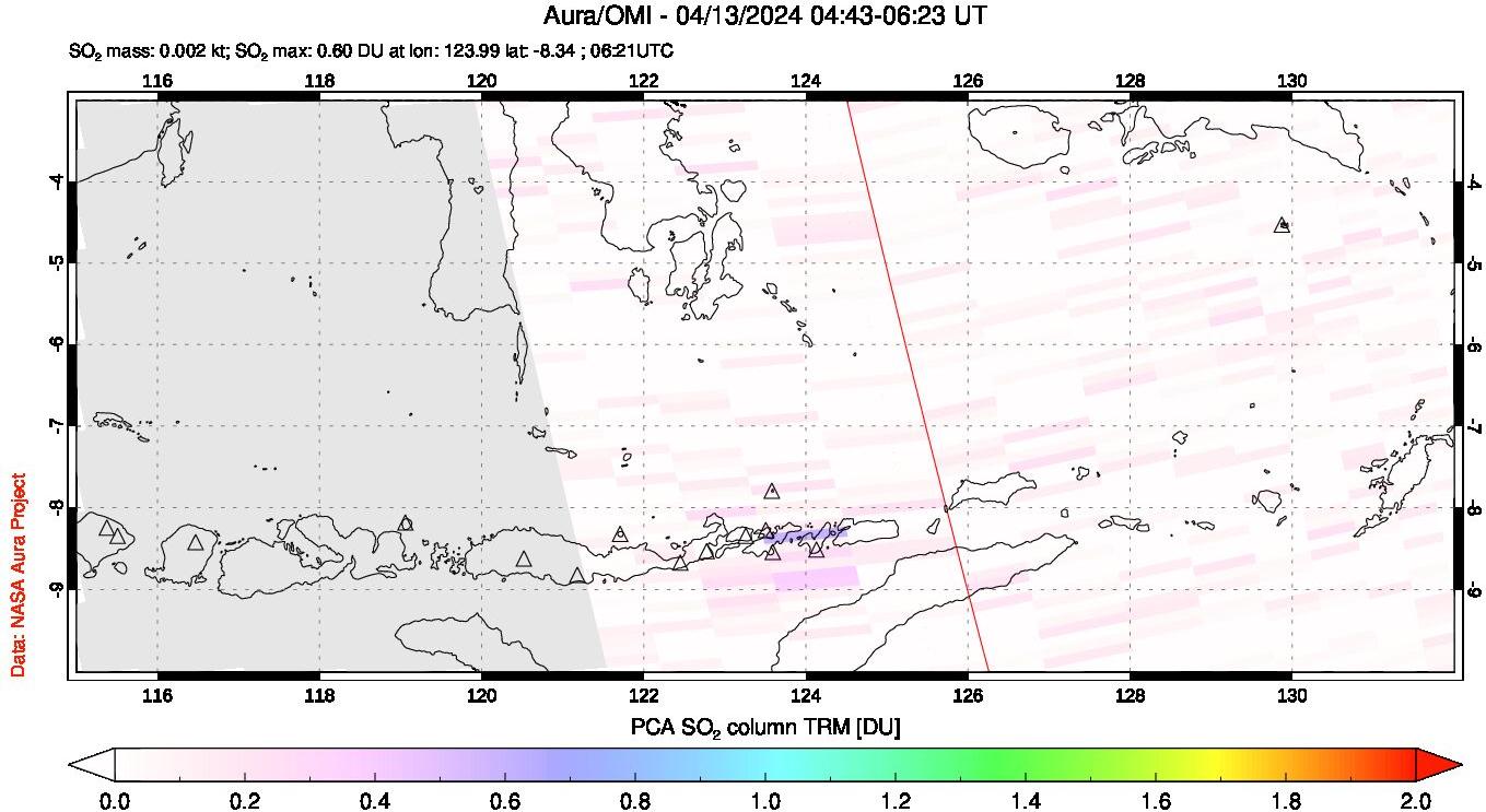 A sulfur dioxide image over Lesser Sunda Islands, Indonesia on Apr 13, 2024.