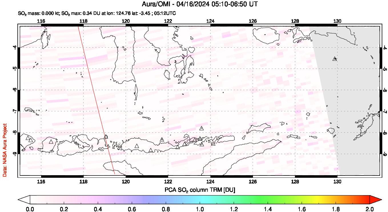 A sulfur dioxide image over Lesser Sunda Islands, Indonesia on Apr 16, 2024.