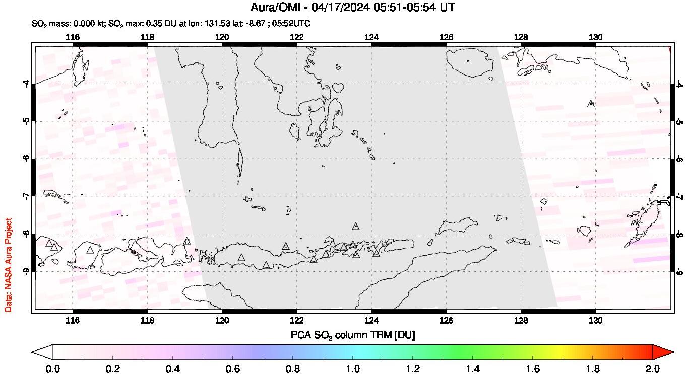 A sulfur dioxide image over Lesser Sunda Islands, Indonesia on Apr 17, 2024.