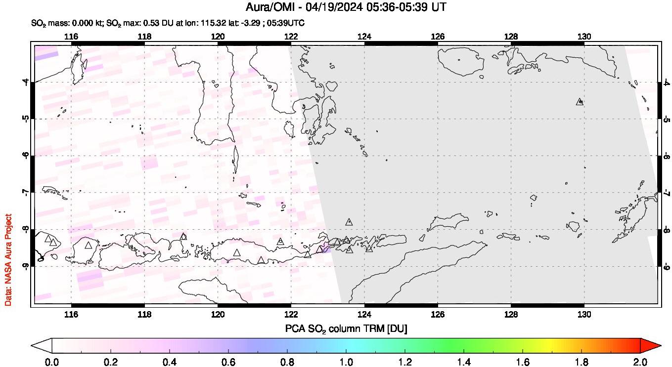 A sulfur dioxide image over Lesser Sunda Islands, Indonesia on Apr 19, 2024.