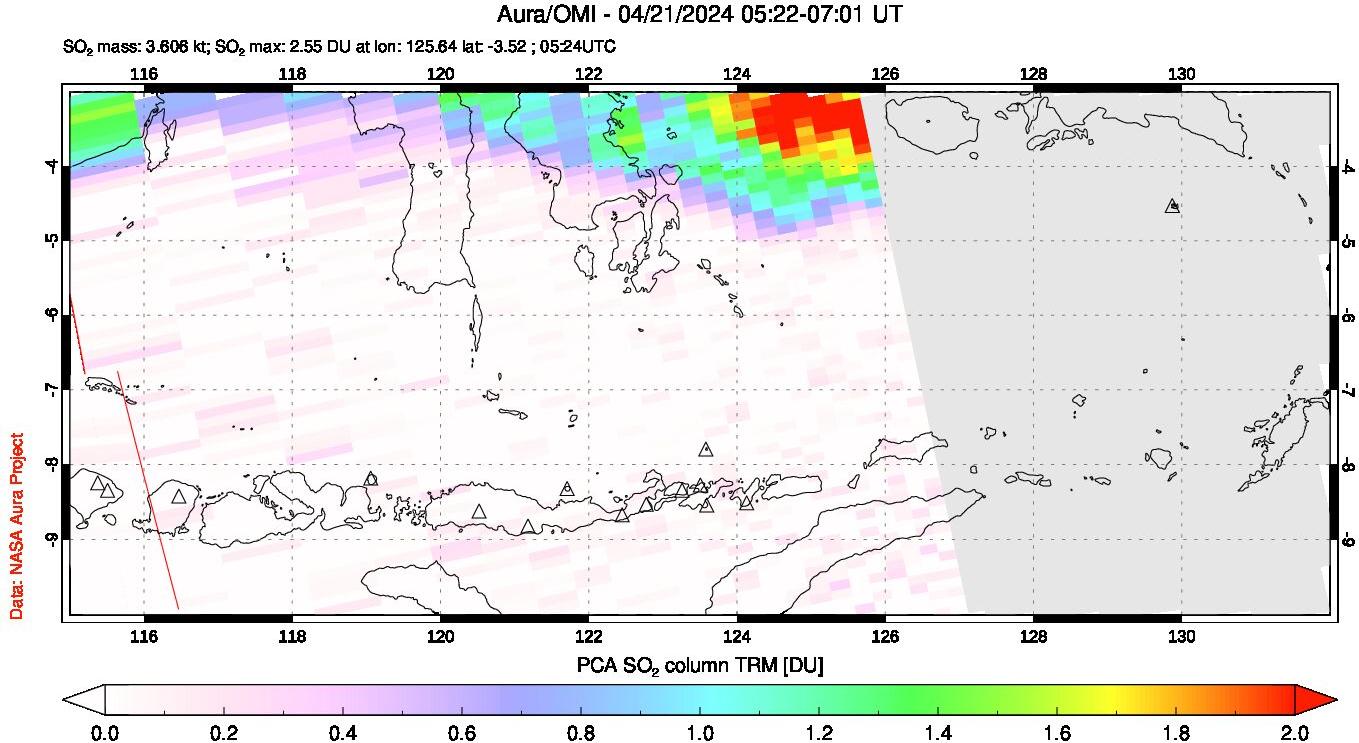 A sulfur dioxide image over Lesser Sunda Islands, Indonesia on Apr 21, 2024.