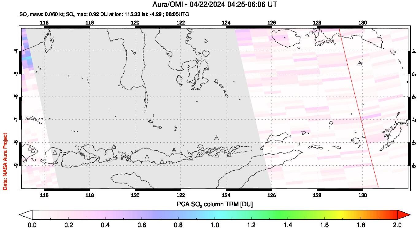 A sulfur dioxide image over Lesser Sunda Islands, Indonesia on Apr 22, 2024.