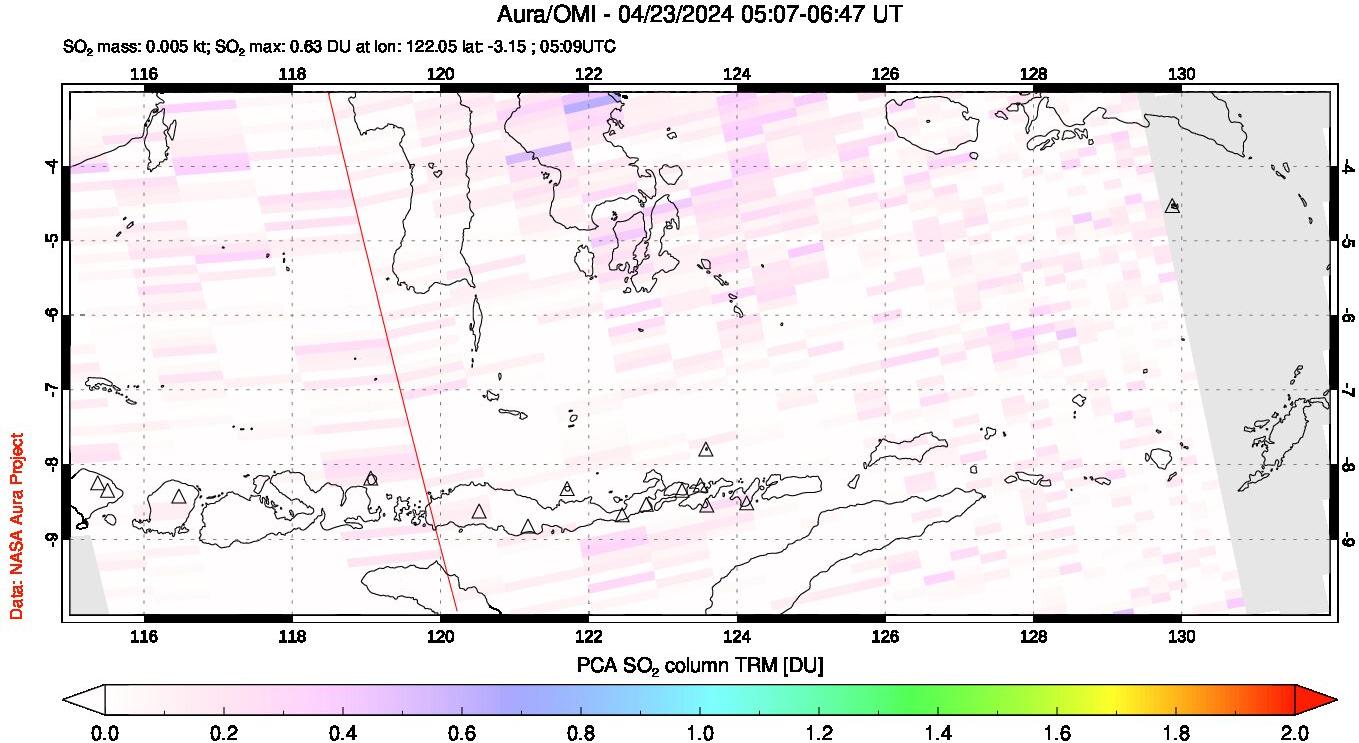 A sulfur dioxide image over Lesser Sunda Islands, Indonesia on Apr 23, 2024.