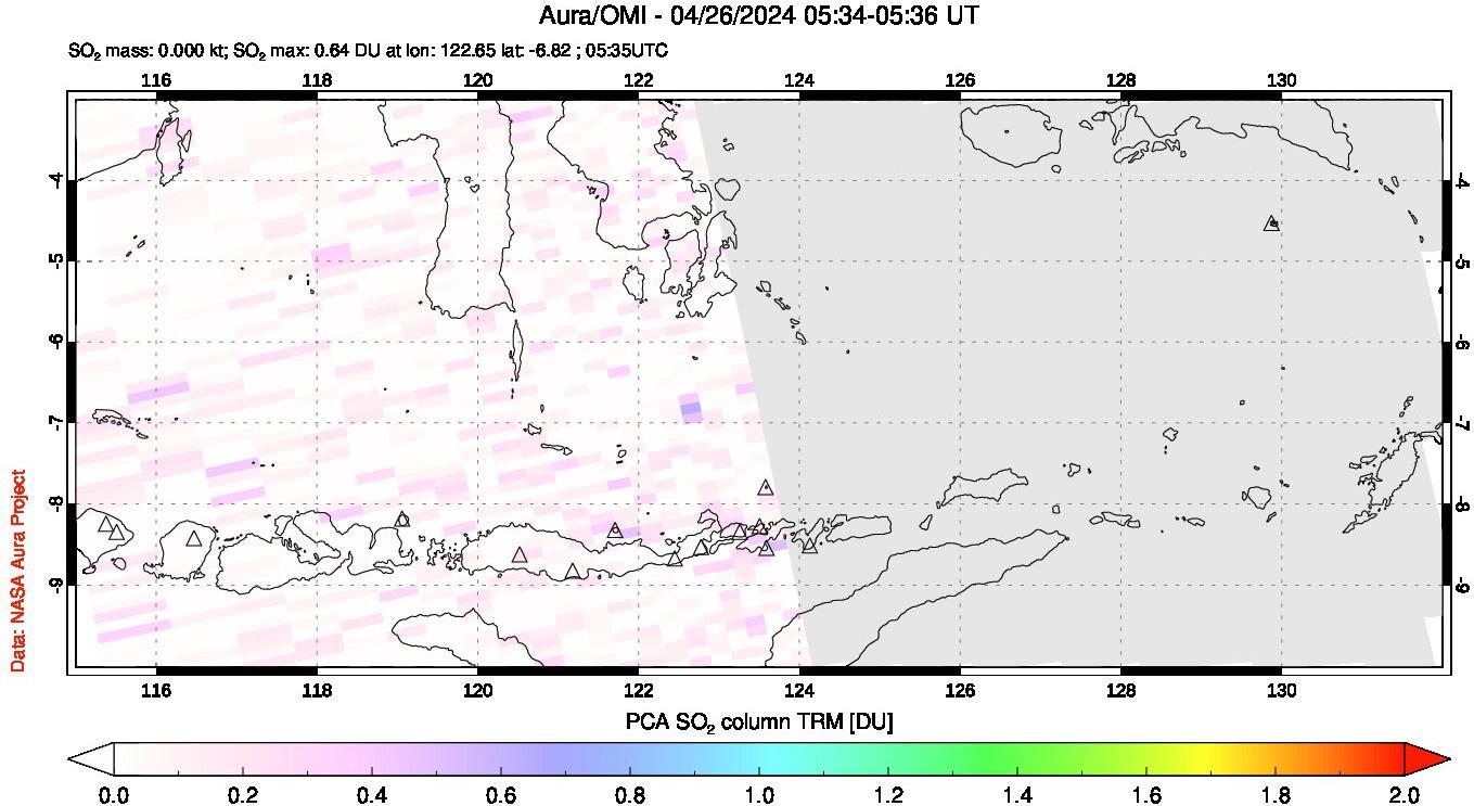 A sulfur dioxide image over Lesser Sunda Islands, Indonesia on Apr 26, 2024.