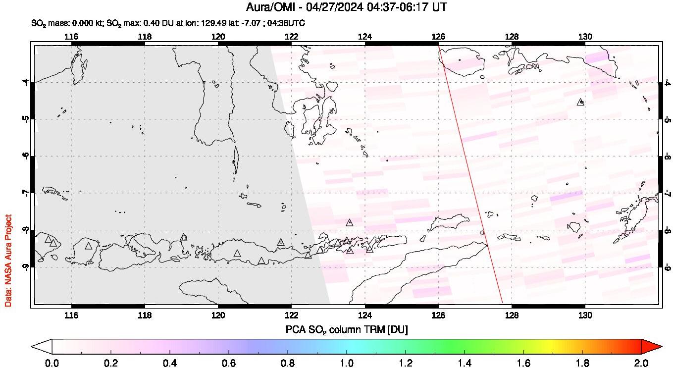 A sulfur dioxide image over Lesser Sunda Islands, Indonesia on Apr 27, 2024.