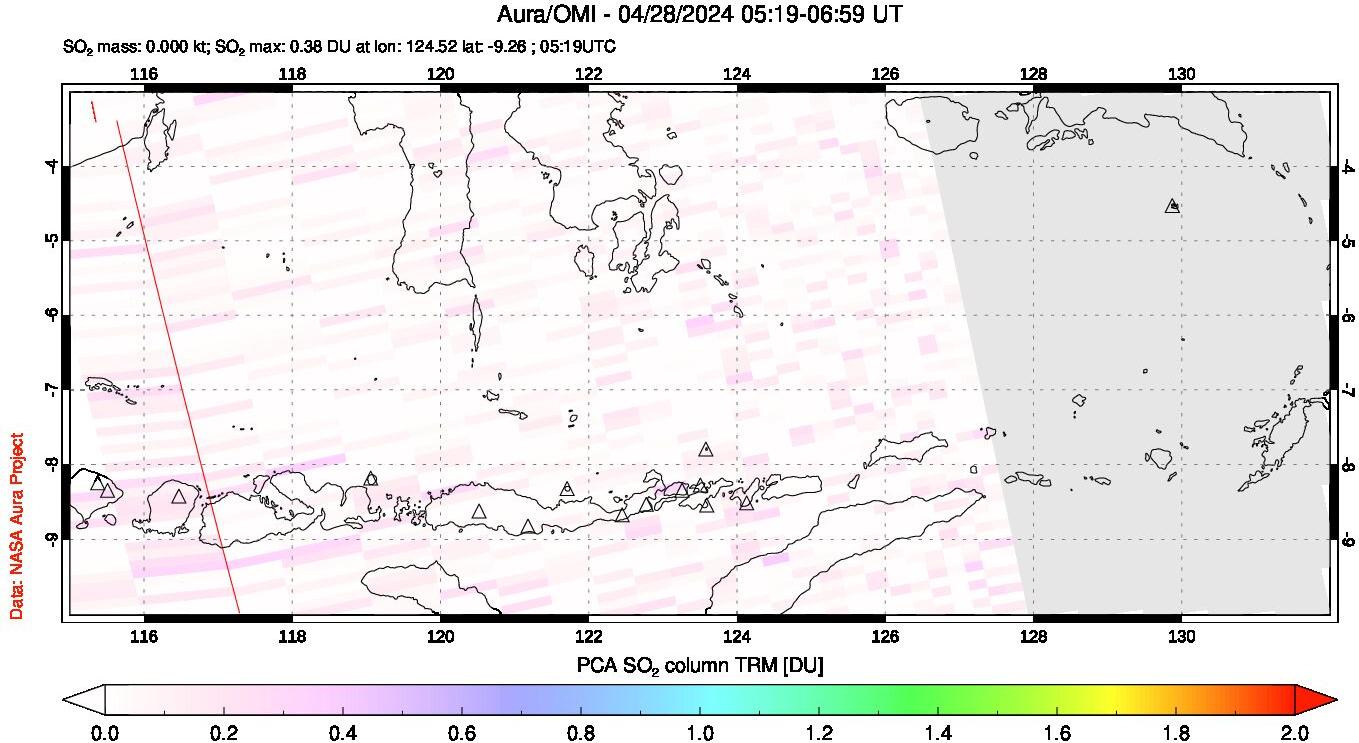 A sulfur dioxide image over Lesser Sunda Islands, Indonesia on Apr 28, 2024.