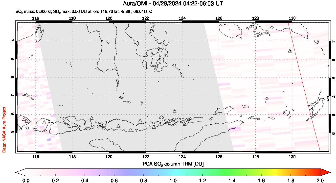 A sulfur dioxide image over Lesser Sunda Islands, Indonesia on Apr 29, 2024.