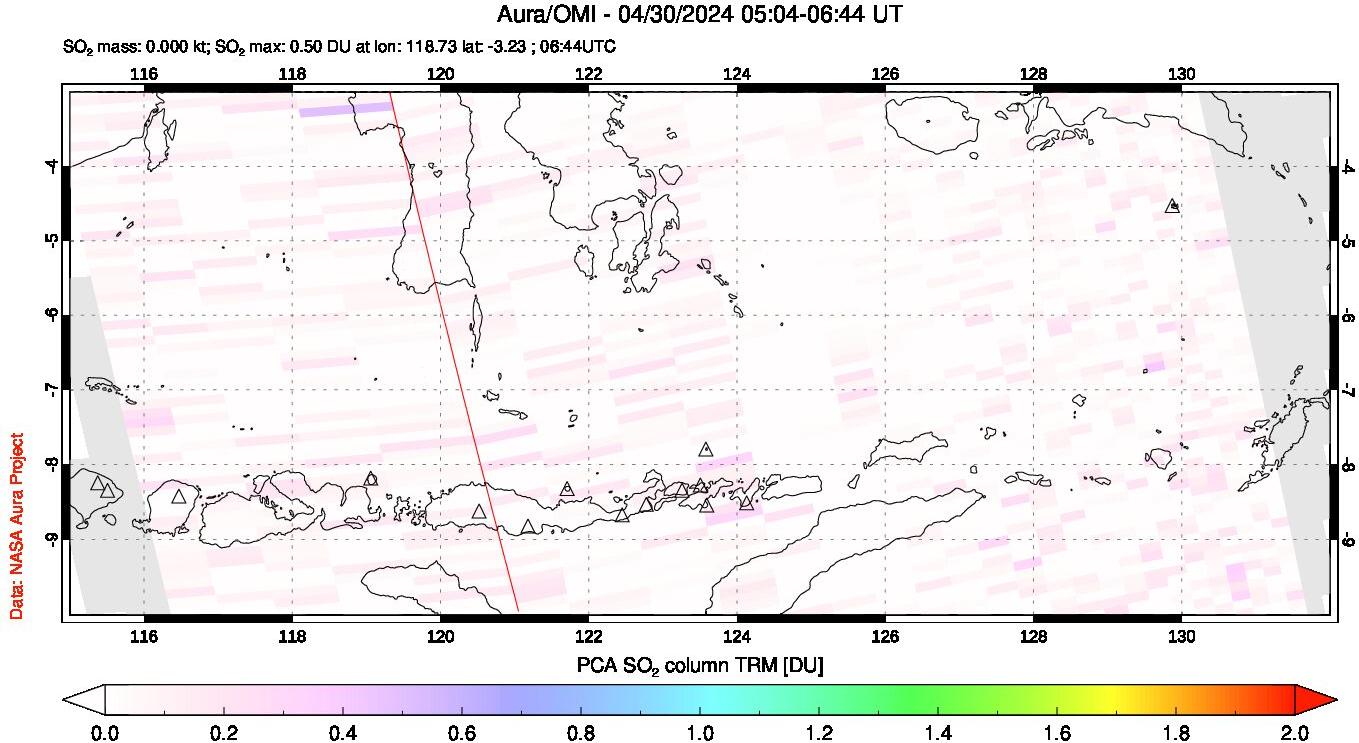 A sulfur dioxide image over Lesser Sunda Islands, Indonesia on Apr 30, 2024.