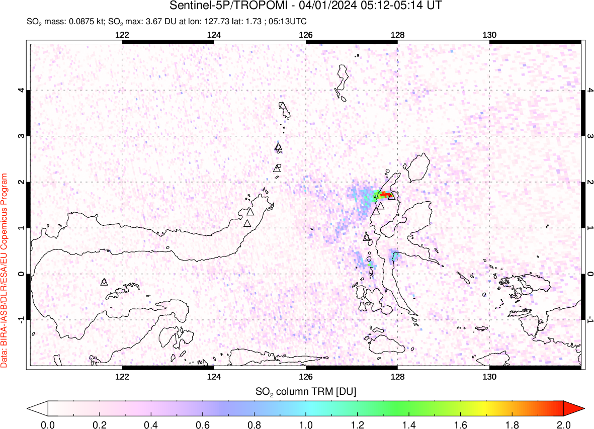 A sulfur dioxide image over Northern Sulawesi & Halmahera, Indonesia on Apr 01, 2024.