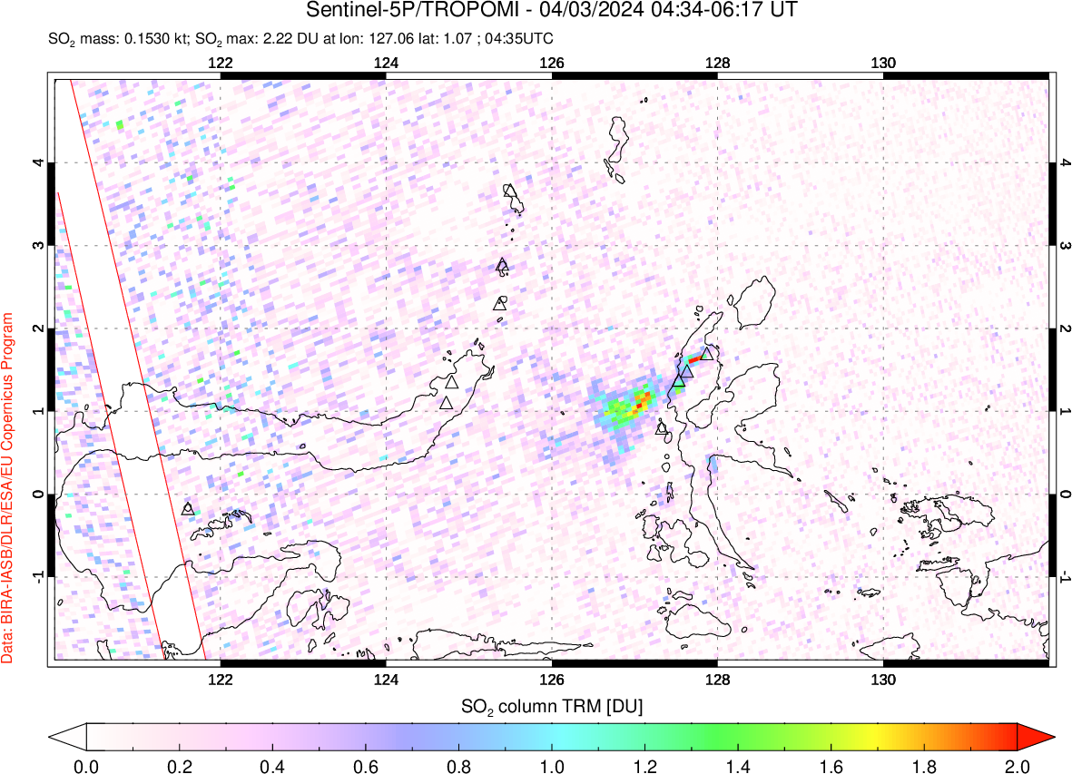 A sulfur dioxide image over Northern Sulawesi & Halmahera, Indonesia on Apr 03, 2024.