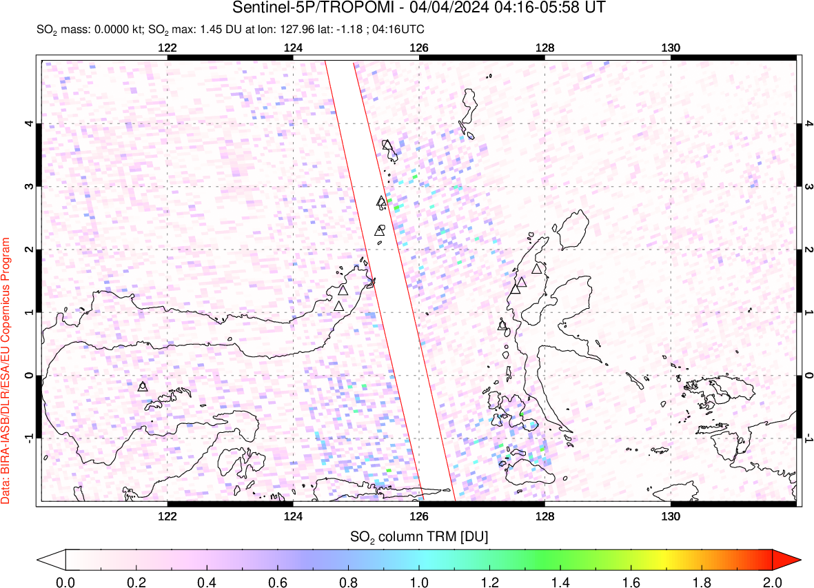 A sulfur dioxide image over Northern Sulawesi & Halmahera, Indonesia on Apr 04, 2024.