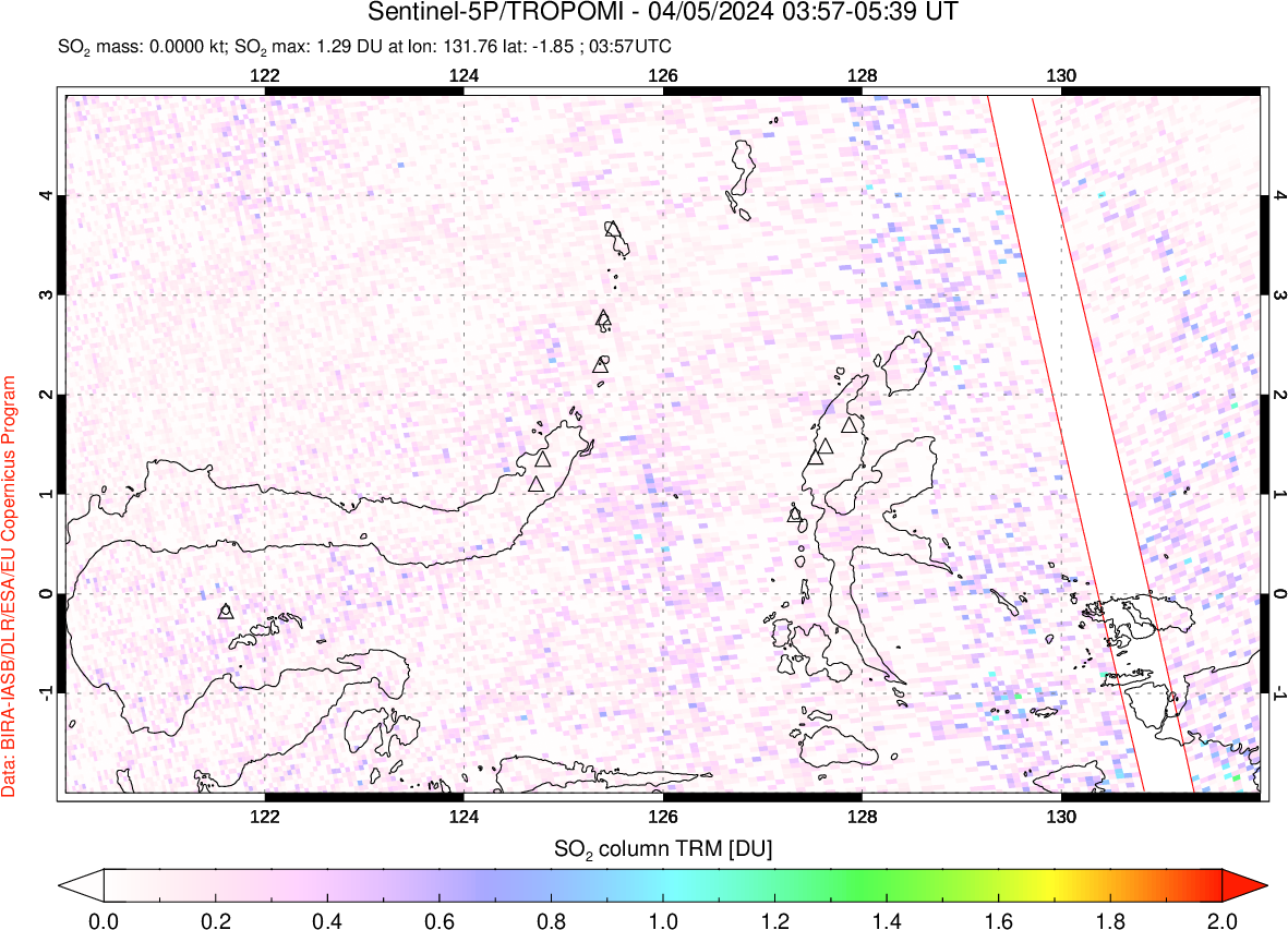 A sulfur dioxide image over Northern Sulawesi & Halmahera, Indonesia on Apr 05, 2024.